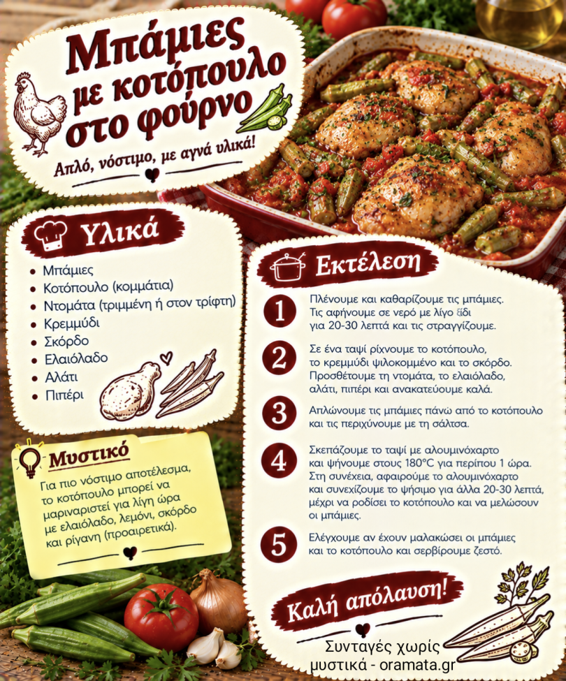 Εύκολη συνταγή για μπάμιες κοκκινιστές με κοτόπουλο στο φούρνο Εύκολη συνταγή για μπάμιες κοκκινιστές με κοτόπουλο στο φούρνο