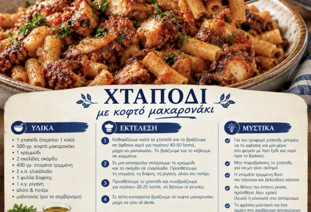 Συνταγή για χταπόδι με κοφτό μακαρονάκι