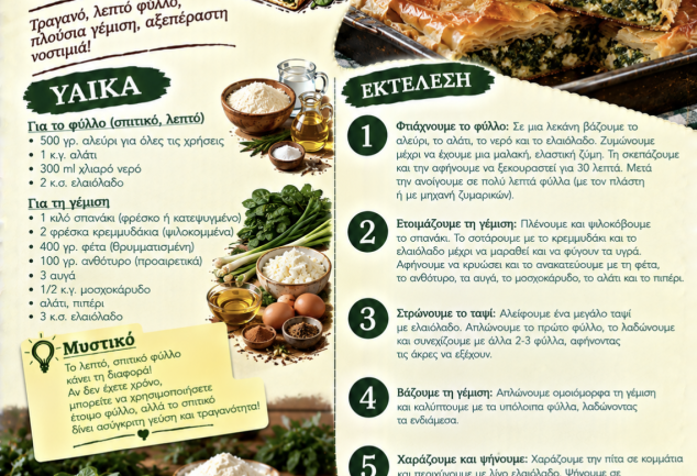 Συνταγή για σπιτική σπανακόπιτα με λεπτό φύλλο