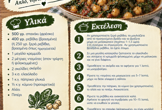 Συνταγή για σπιτικό σπανάκι με ρεβίθια