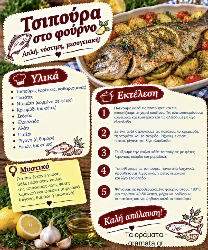 Συνταγή για τσιπούρα με πατάτες ντομάτα σκόρδο στο φούρνο Συνταγή για τσιπούρα με πατάτες ντομάτα σκόρδο στο φούρνο