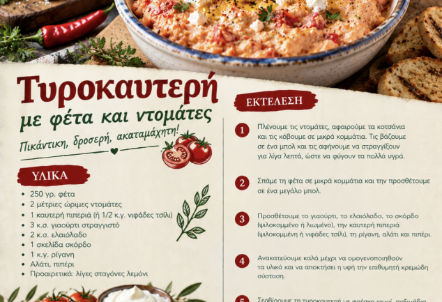 Συνταγή για τυροκαυτερή με φέτα και ντομάτες