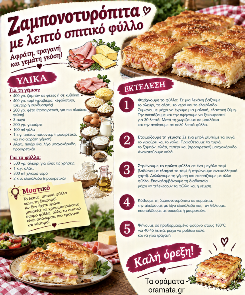 Συνταγή για ζαμπονοτυρόπιτα με σπιτικό λεπτό φύλλο Συνταγή για ζαμπονοτυρόπιτα με σπιτικό λεπτό φύλλο