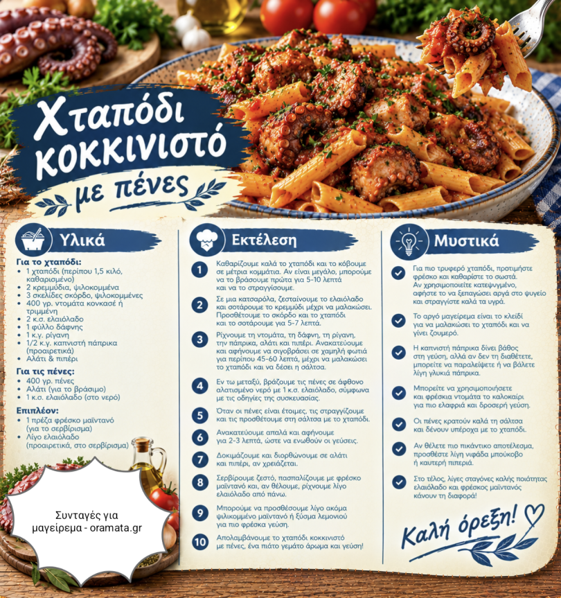 Εύκολη συνταγή για χταπόδι κοκκινιστό με πένες Εύκολη συνταγή για χταπόδι κοκκινιστό με πένες